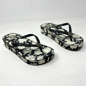Tory Burch Thandie Black White Gray Floral Wedge Flip Flops  Sandals, Size 5.5